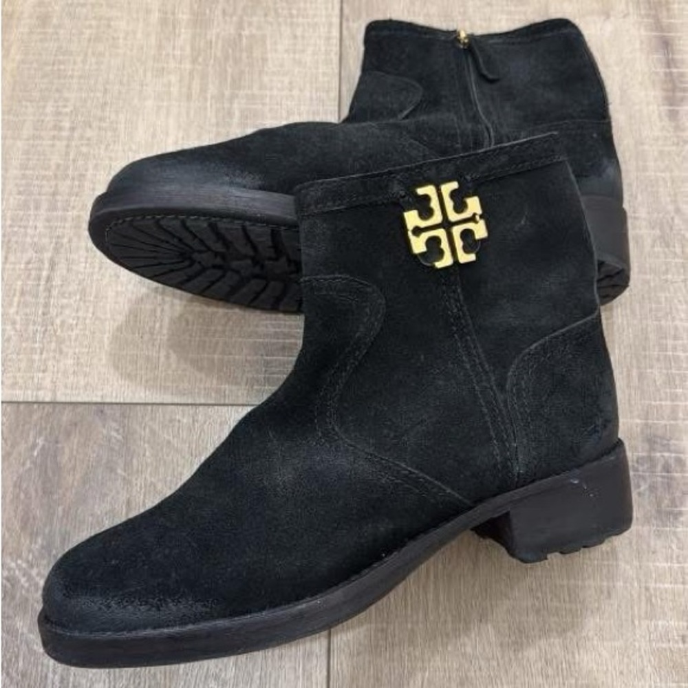 Tory Burch Black Ankle Boots with Gold Logo